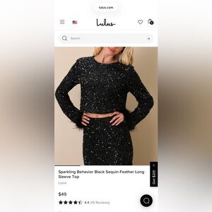 Lulu's Sparkling Behavior Black Sequin Feather Long Sleeve Crop Top